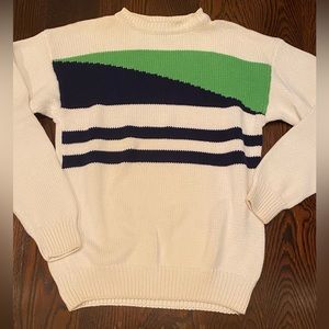 Vintage Izod Cotton Crewneck Stripe Knit Sweater Ivory Green